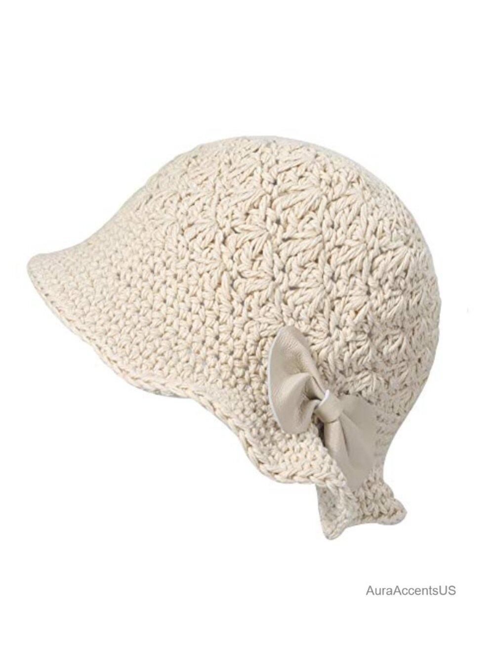 Crochet Bucket Hat Handmade Cotton Knit Cloche with Leather Bow